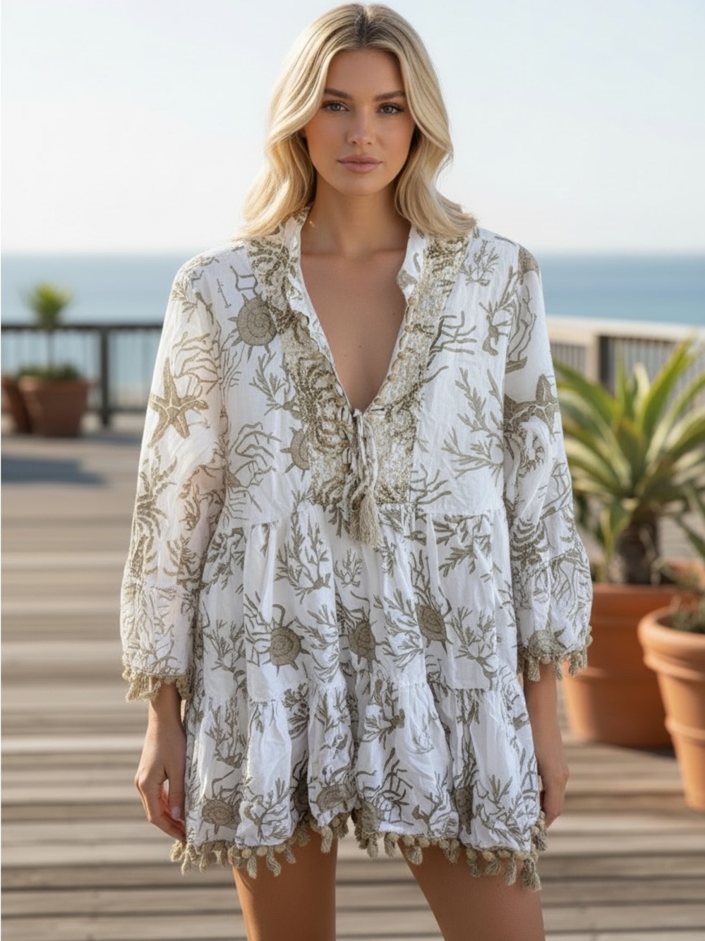 Antica Sartoria Giacomo Cinque White Seashell Embroidered Tunic Coverup Sz 2